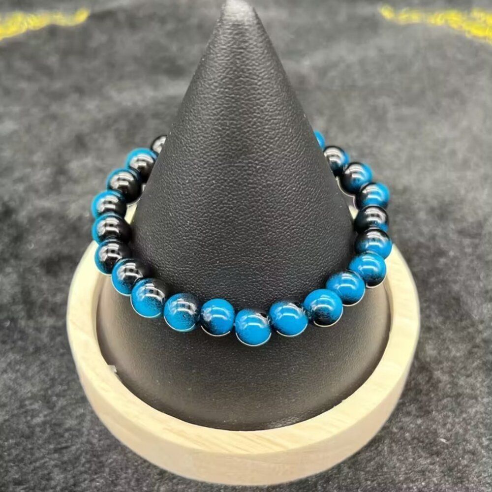 NWT Natural Blue Tiger Eye Bead Stretch Bracelet Black Hematite Stone 8mm
